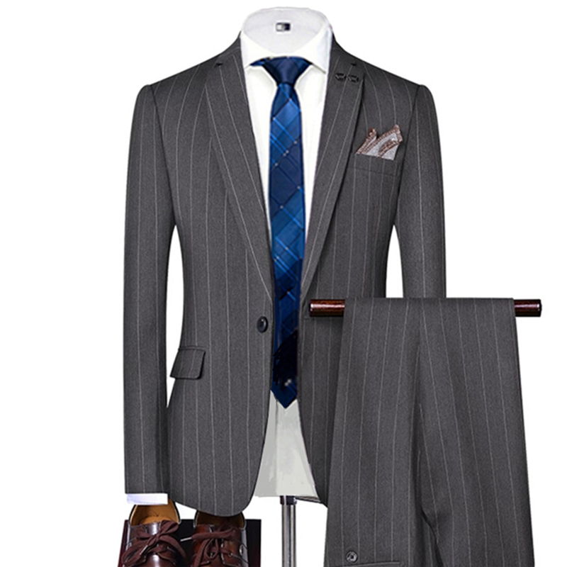 Wool Suit Jacket - Grey/Black Striped Mens Suits Single Breasted