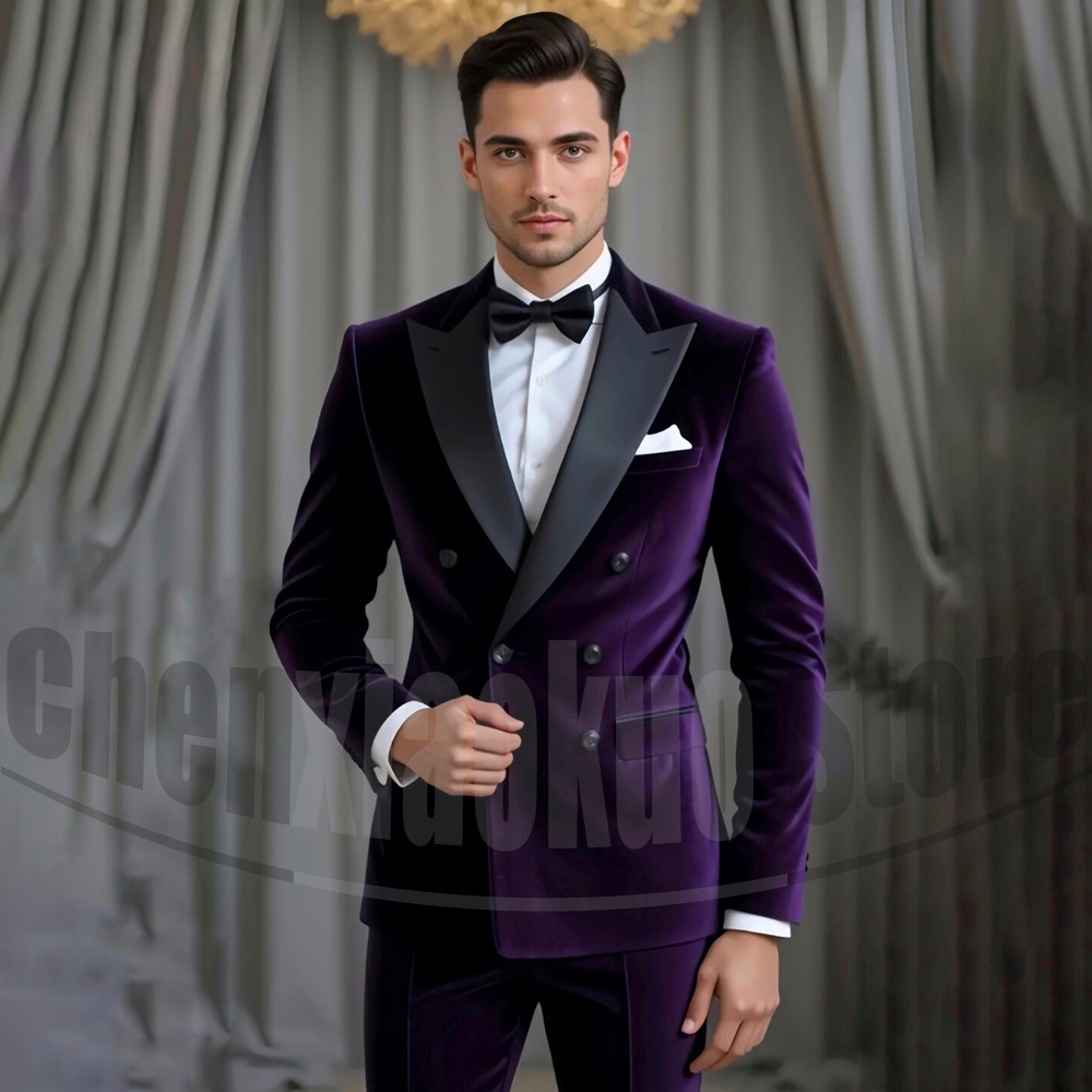 Men'S Formal Attire - Men's Purple Velvet Double Breasted Suit